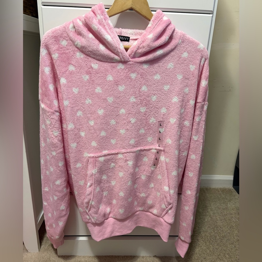 New Pink Hoodie Fleece Sweater w/ Hearts Size Large